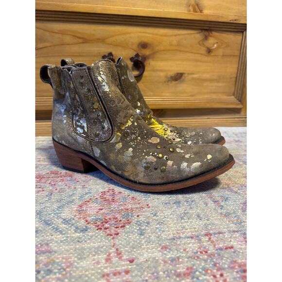 Liberty Black Distressed Pain Spltter Metallic Leather Boots 10.5 - Picture 2 of 13